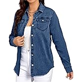 VipHoney Women's Denim Button Down Shirt – Raw Hem, Distressed Holes, Long Sleeve Jean Top,Oversized Denim Shirt