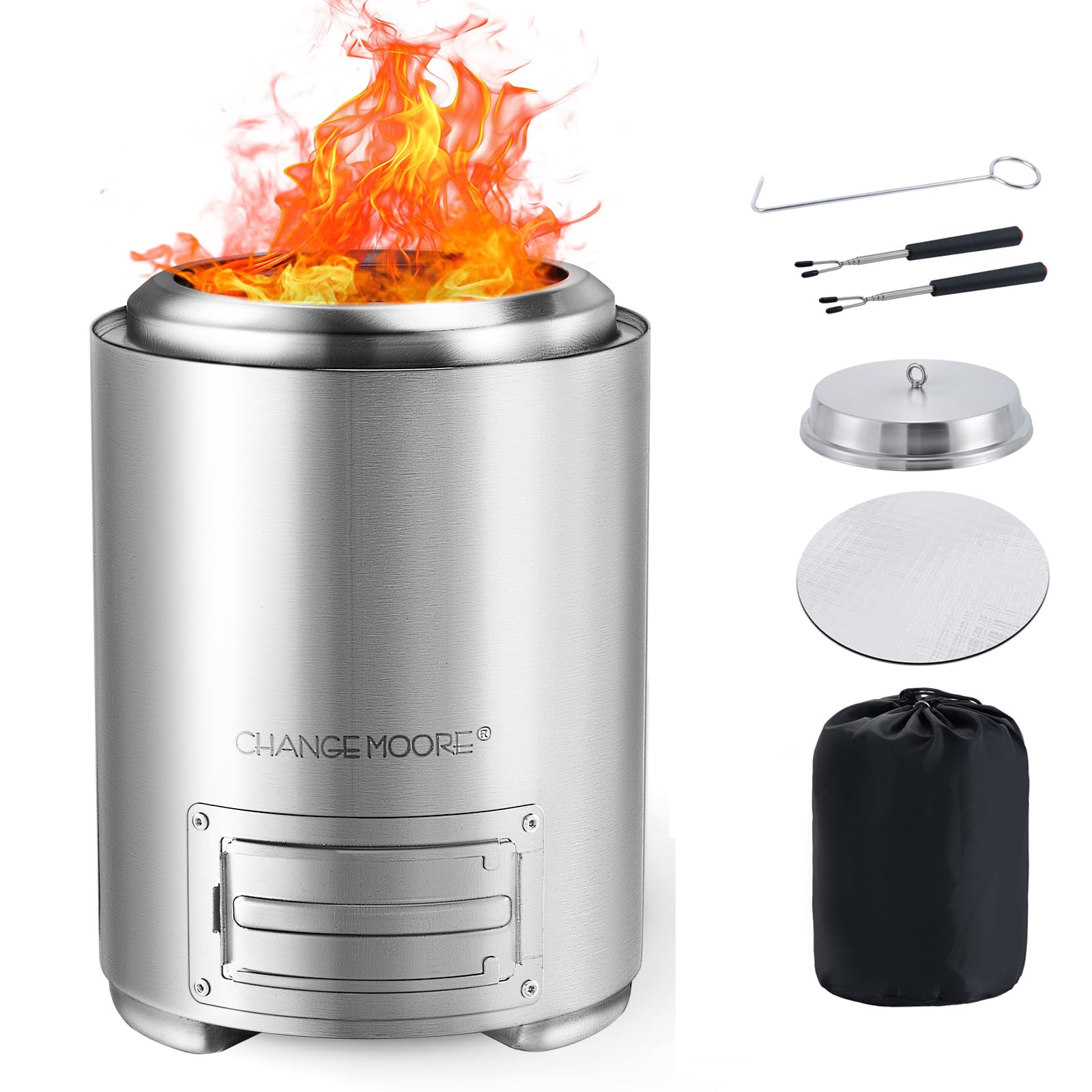CHANGE MOORE Smokeless Table Top Fire Pit, Stainless Steel, Round, Modern, Fueled by Wood or Pellets, Flame Intensity Control, 8.8x7 Inch with Valve