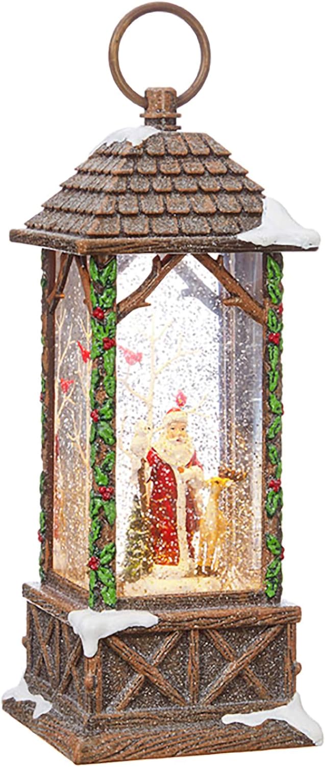 Snow Globes - RAZ Imports Traditional Santa Lighted Water Lantern 10.75 Inch Lighted Christmas Snow Globe with Swirling Glitter with Deer Owl Cardinals Battery Operated and USB Powered