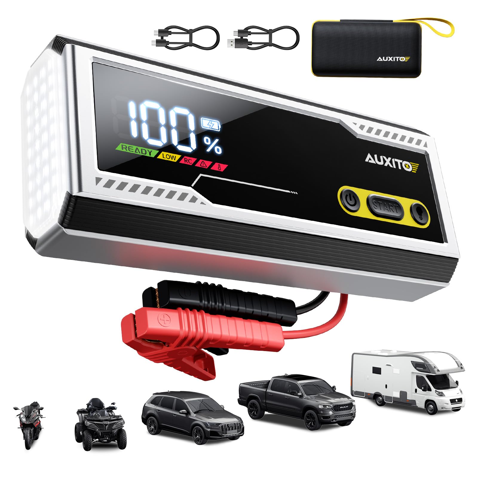 AUXITO 9500A Jump Starter, 12V Car Battery Jump Starter, Up to All Gas/All Diesel Engine with LED Display, 30W Type-C Fast Charging and 168W DC Output, 3-Mode Flashlight, Storage Case Image