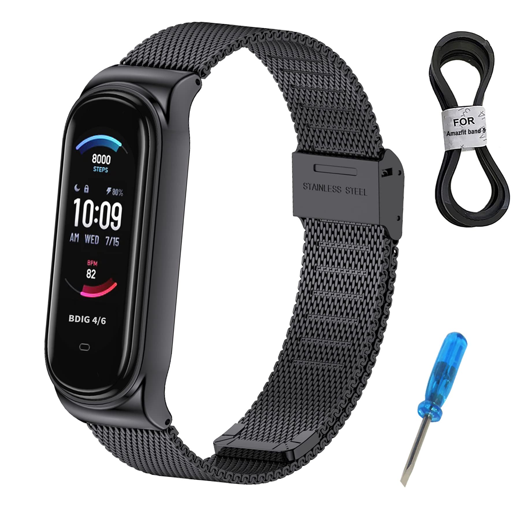 BDIG Bracelet Compatible with Amazfit Band 5, Metal Replacement Strap, Waterproof Stainless Steel Replacement Strap Accessories, Watch Strap for Amazfit Band 5 (No Watch Host)
