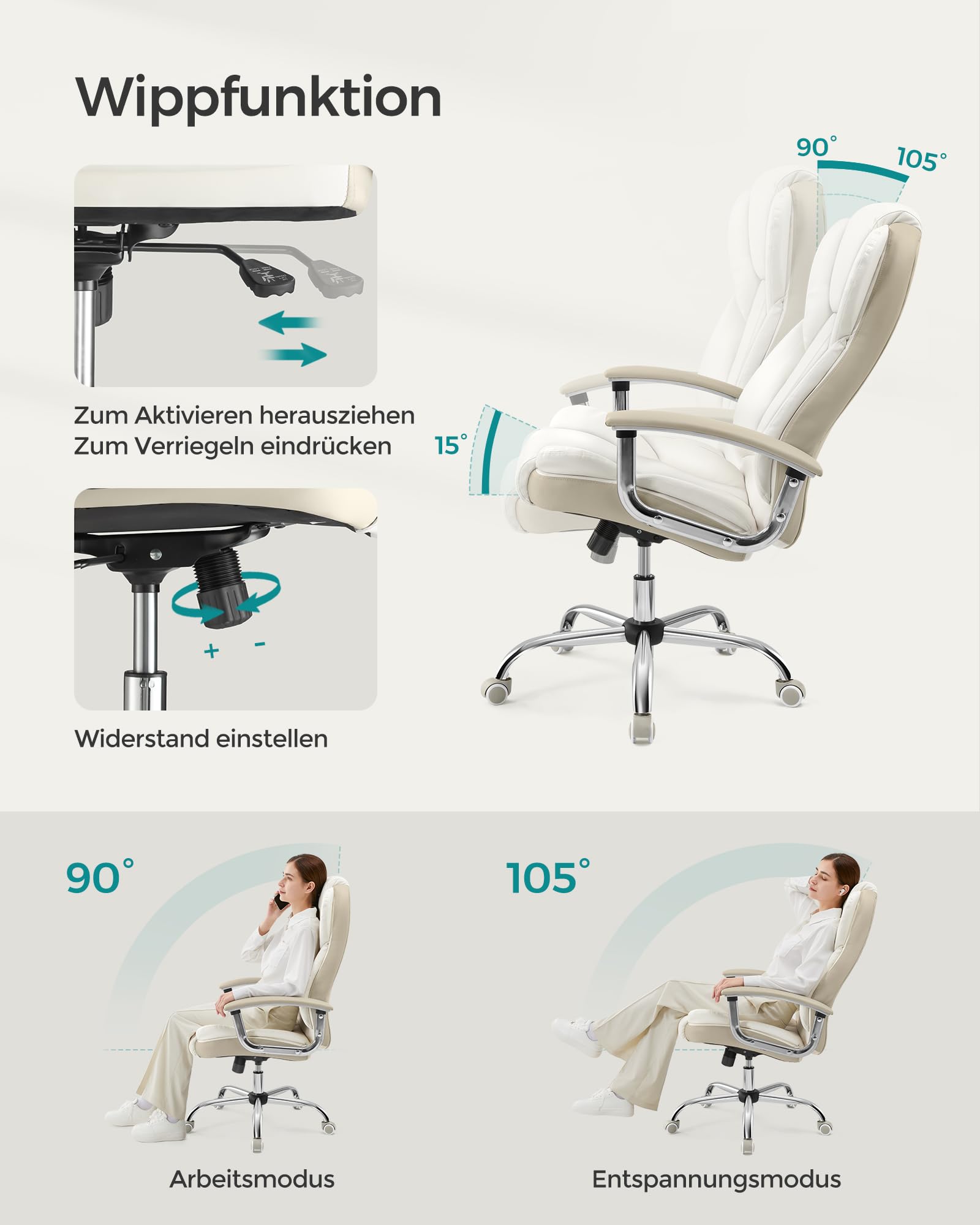 SONGMICS Bürostuhl, Schreibtischstuhl, Gaming-Stuhl mit Armlehnen, Computerstuhl, Chefsessel, höhenverstellbar, Homeoffice, Arbeitszimmer, cremeweiß-kamellbraun OBG057W01 6