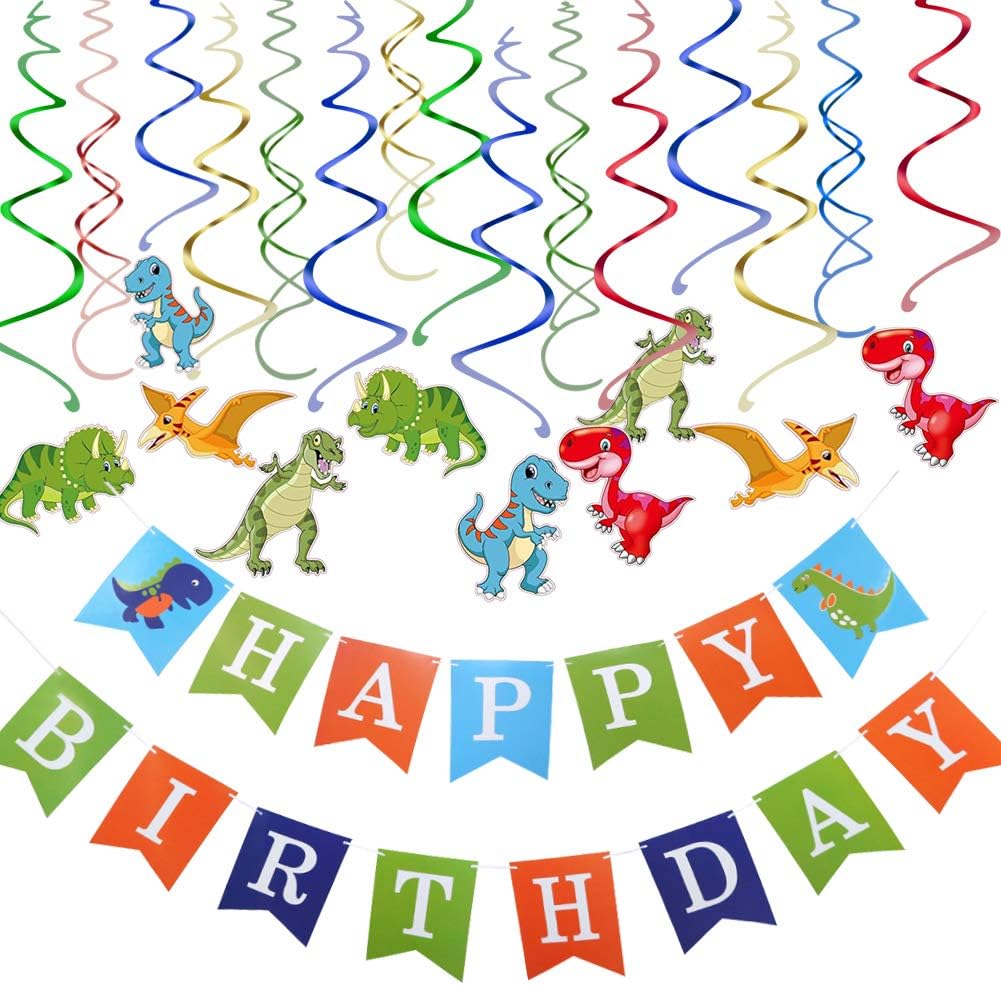 Rainmae 15 Pack Dinosaur Hanging Swirl Decorations, Dino Party Supplies, Dinosaur Happy Birthday Banner, Jurassic World Birthday Theme Decor for Boy Girl Baby Shower, T-Rex Kids 1st Bday Favors