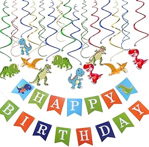 Rainmae 15 Pack Dinosaur Hanging Swirl Decorations, Dino Party Supplies, Dinosaur Happy Birthday Banner, Jurassic World Birthday Theme Decor for Boy Girl Baby Shower, T-Rex Kids 1st Bday Favors