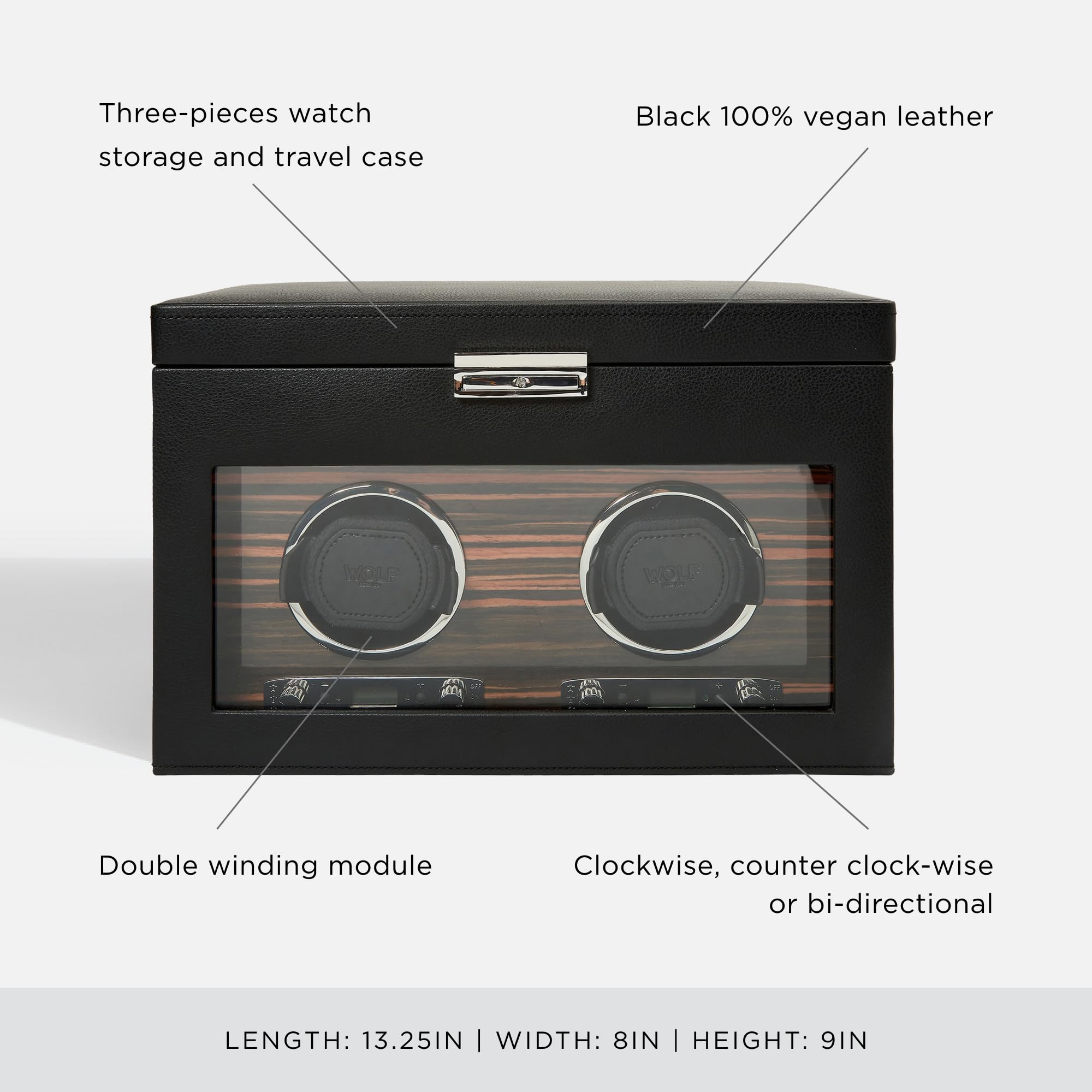 WOLF Roadster Double Watch Winder with Storage, Black - Secure Fit with Patented Lock-In Dynamic Cuff - Vegan Leather & Glass Cover - Includes Universal Adapter & Travel Case