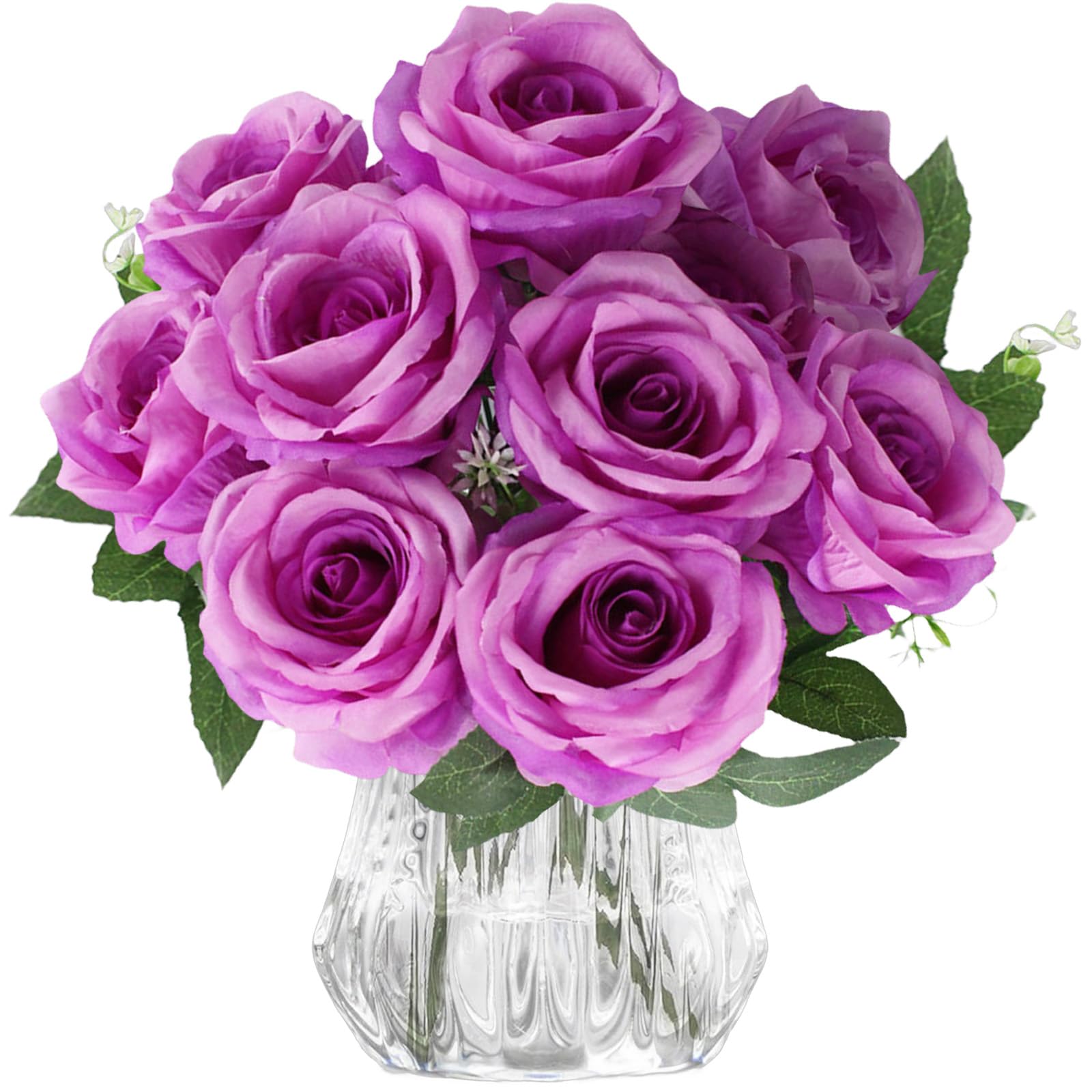 astylishome Roses Artificial Flowers 10 PCS Fake Flower with Long Stem Blooms Rose Wedding Bridal Bouquet Arrangement Home Decoration Party Centerpieces Purple 1215