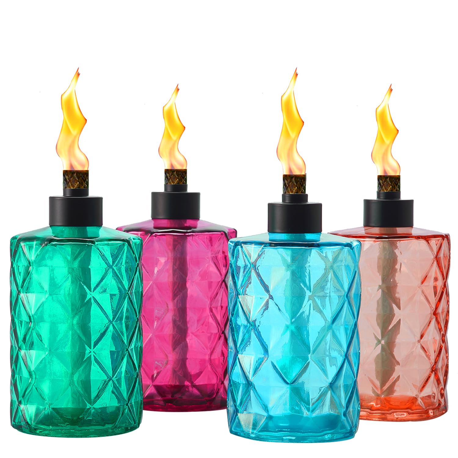 View 1 of 4 Pack Glass Table Top Torches Tesrago, Citronella Torches for Outside, with Wick and Cap, Refillable Flame Light Torch, Decorative Tabletop Lantern for Yard, Patio,Deck,Garden,Outdoor Party,Landscape