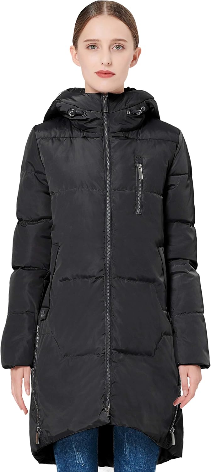 Orolay Women's Stylish Down Jacket Hooded Winter Coat Two-Way Zipper Puffer Jacket: Clothing