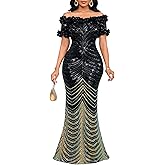 dasmzper Women Sexy Sequin Off Shoulder Ruffle Short Sleeve Bodycon Mermaid Party Formal Evening Maxi Dress