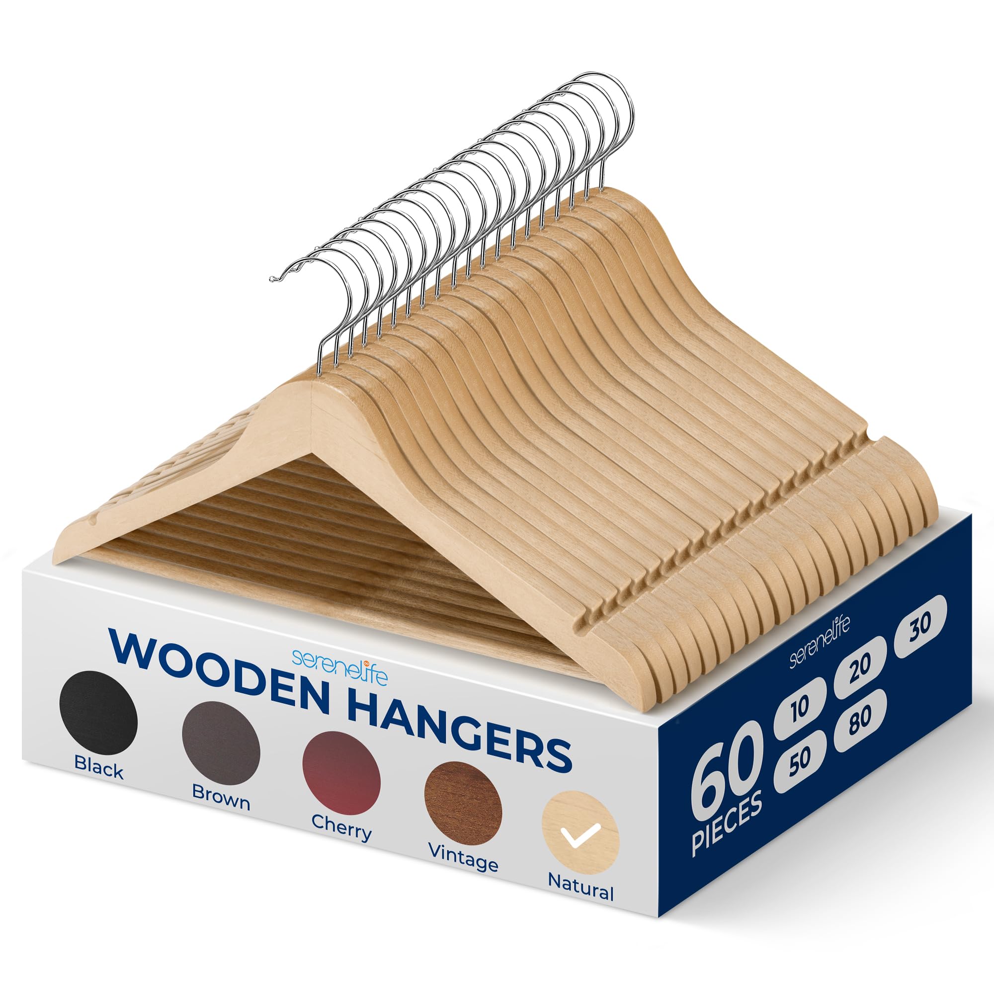 SereneLife Solid Wooden Hangers, Mega Pack, 60 Pieces Hangers for Clothes, Heavy Duty Suit Hanger Set with Chrome 360 Degree Swivel Hook, Notched Design, Natural Wood Color Image