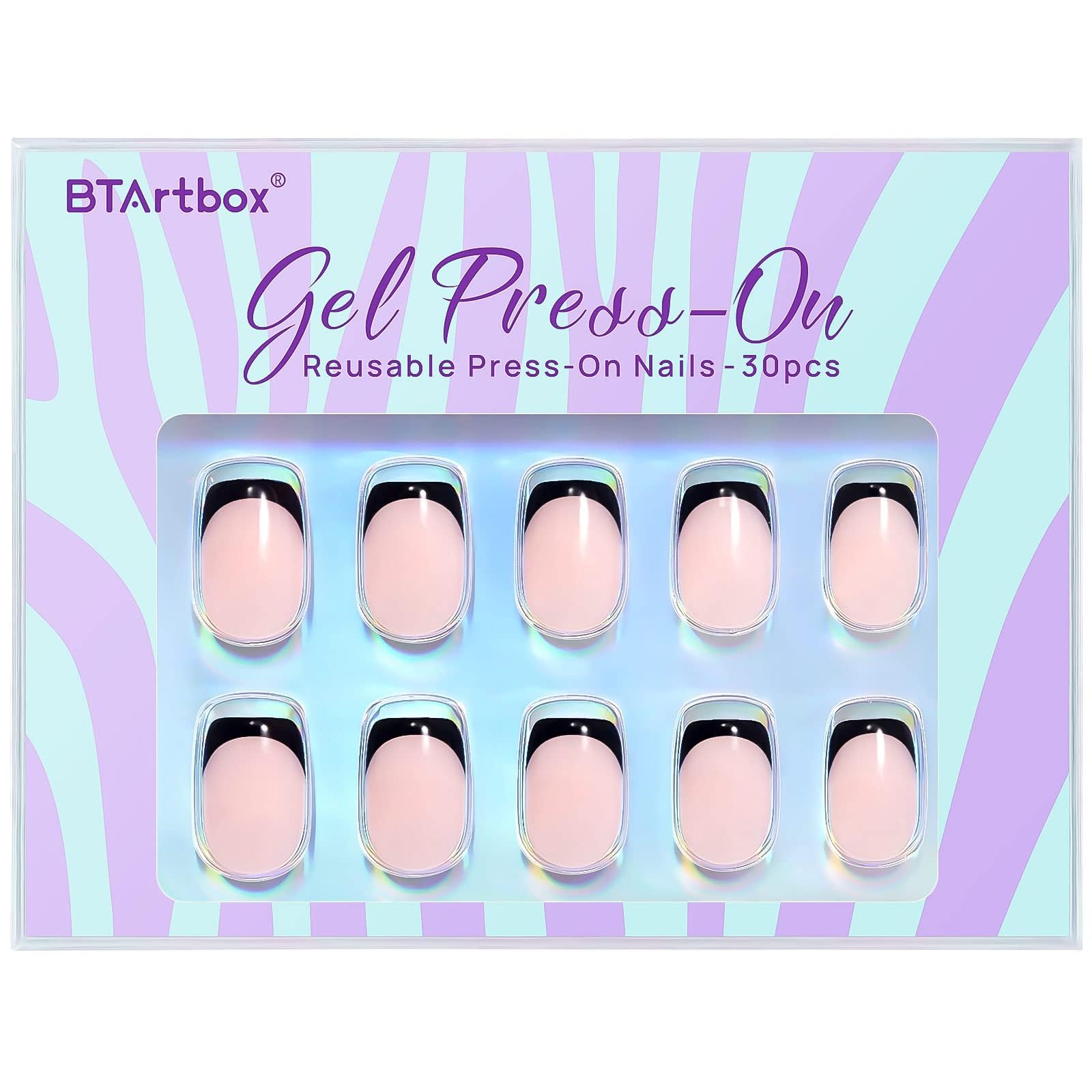 French Tip Press On Nails - BTArtbox Jelly Square Fake Nails with Nail Glue, Reusable Semi-Transparent Stick On Nails in 15 Sizes - 30PCS Soft Gel Glue On Nails Kit, Classic Black - Image 3
