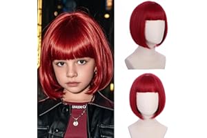 Ufindcos Wine Red Wigs for Kids Child Short Dark Red Bob Wig with Bangs Burgundy Short Bob Wigs for Girls Synthetic Hair Wig