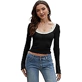 Homepeaz Long Sleeve Top for Women Going Out Tops Bell Sleeve Micro Ribbed Square Neck Cropped Tops Lace Y2K Black