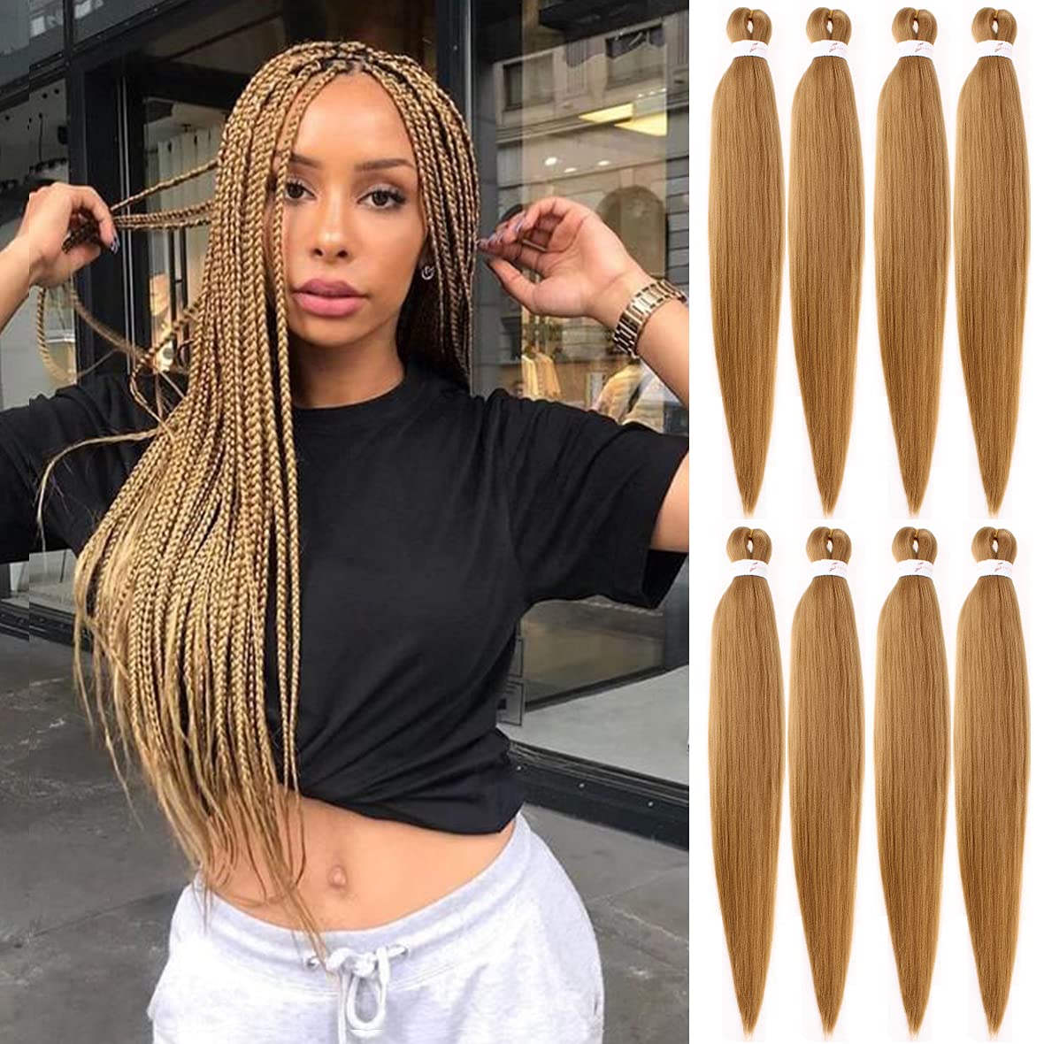 Leeven 8 Packs Blonde Pre Stretched Braiding Hair 26 Inch Yaki Braiding Hair Extensions for Box Braids Hot Water Setting Pre Stretched Braiding Hair Extensions Blonde EZ Braids /26 Inch 27#