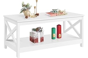 Yaheetech Wood 2-Tier White Coffee Table with Storage Shelf for Living Room, X Design Accent Cocktail Table, Simple Design Home Furniture, 39.5 x 20 x 18 Inches