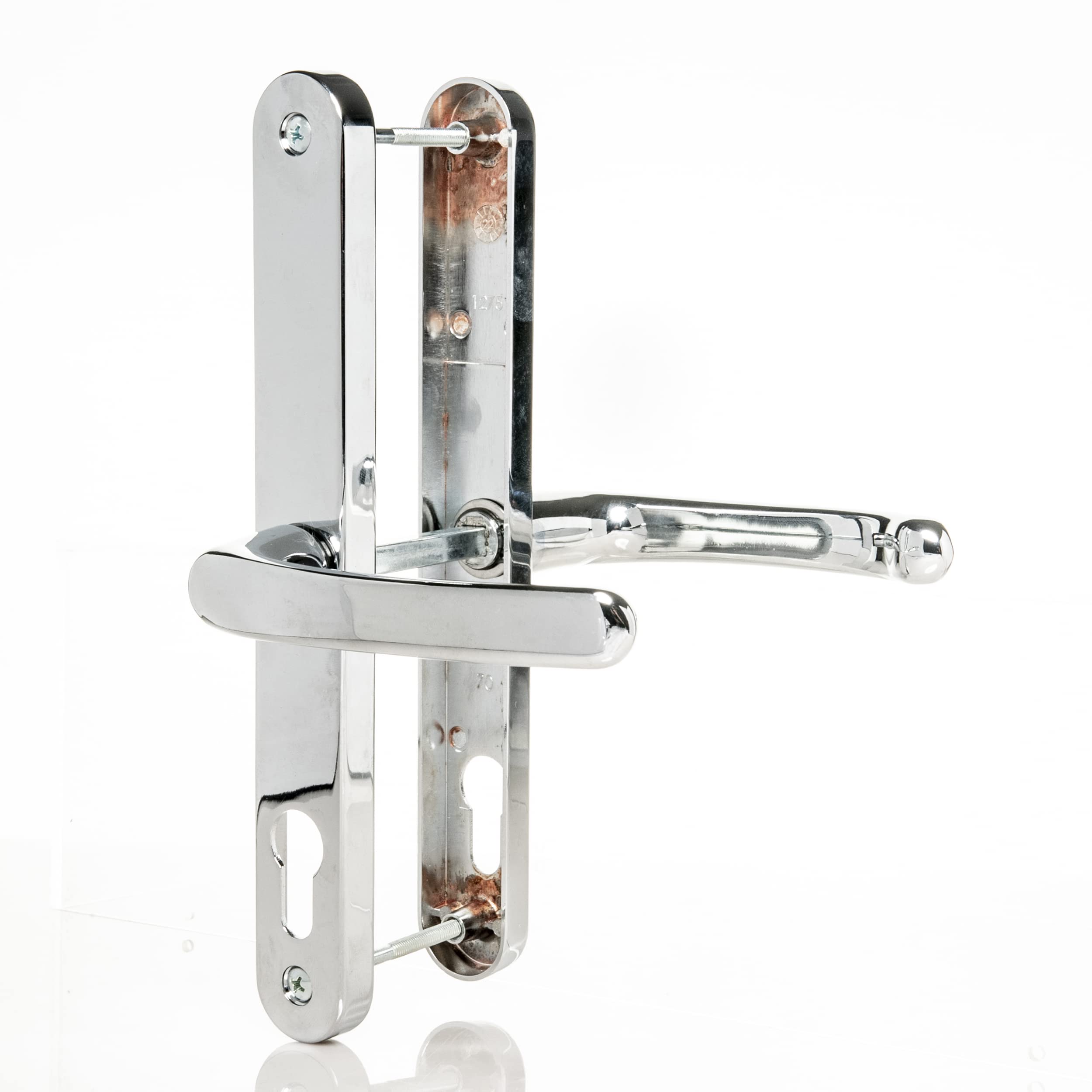 70mm PZ UPVC Door Handles Suits Cego Locks - Polished Chrome - Lever/Lever - 70mm PZ (Centres) - 215mm Screw to Screw - Backplate 245mm X 32mm - UPVC Door Handle - Chrome Replacement PVC Door Handle