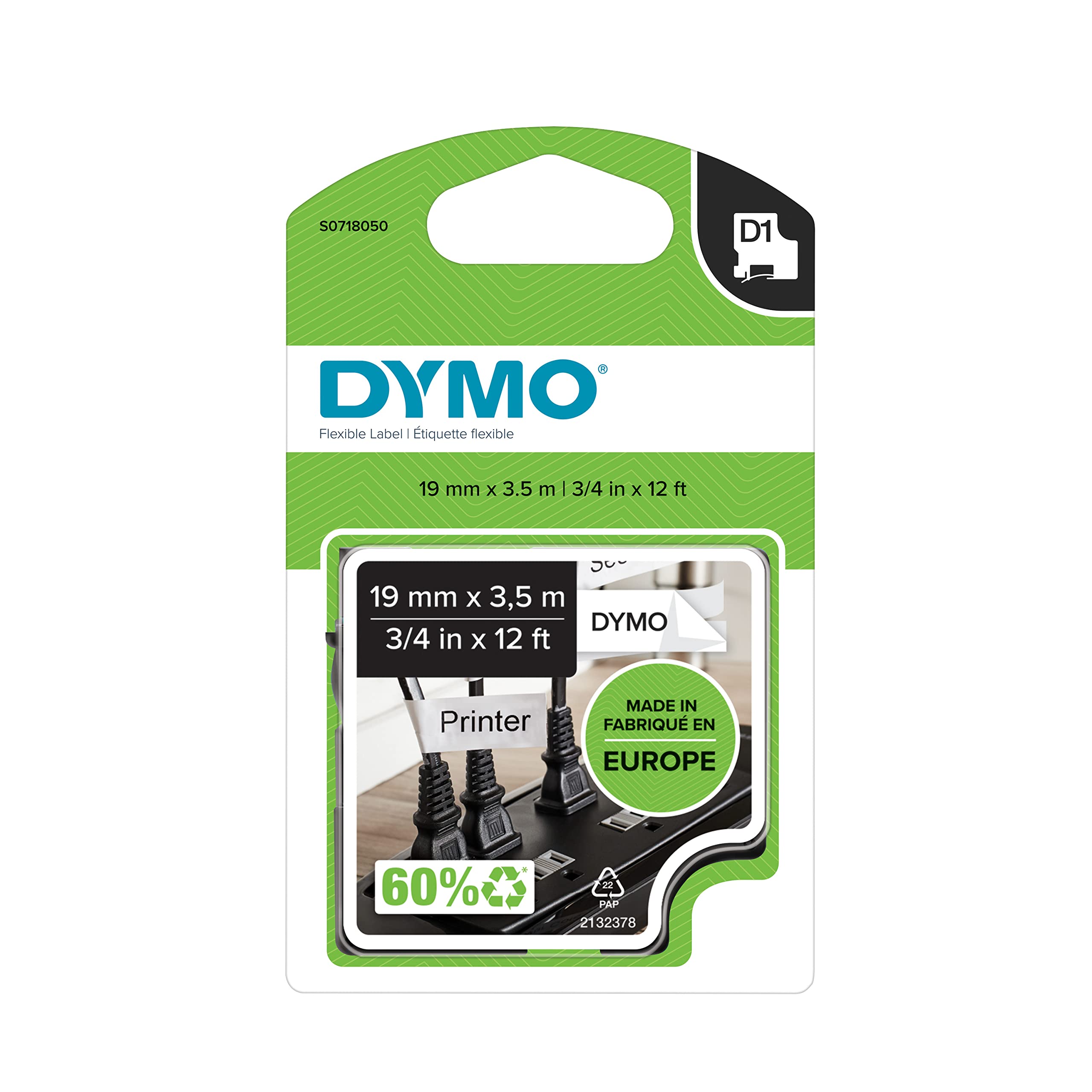 DYMO D1 High-Performance Flexible Nylon Labels | Authentic | 19 mm x 3.5 m Roll | Black Print on White | Self-Adhesive Labels for LabelManager Label Printers | Authentic