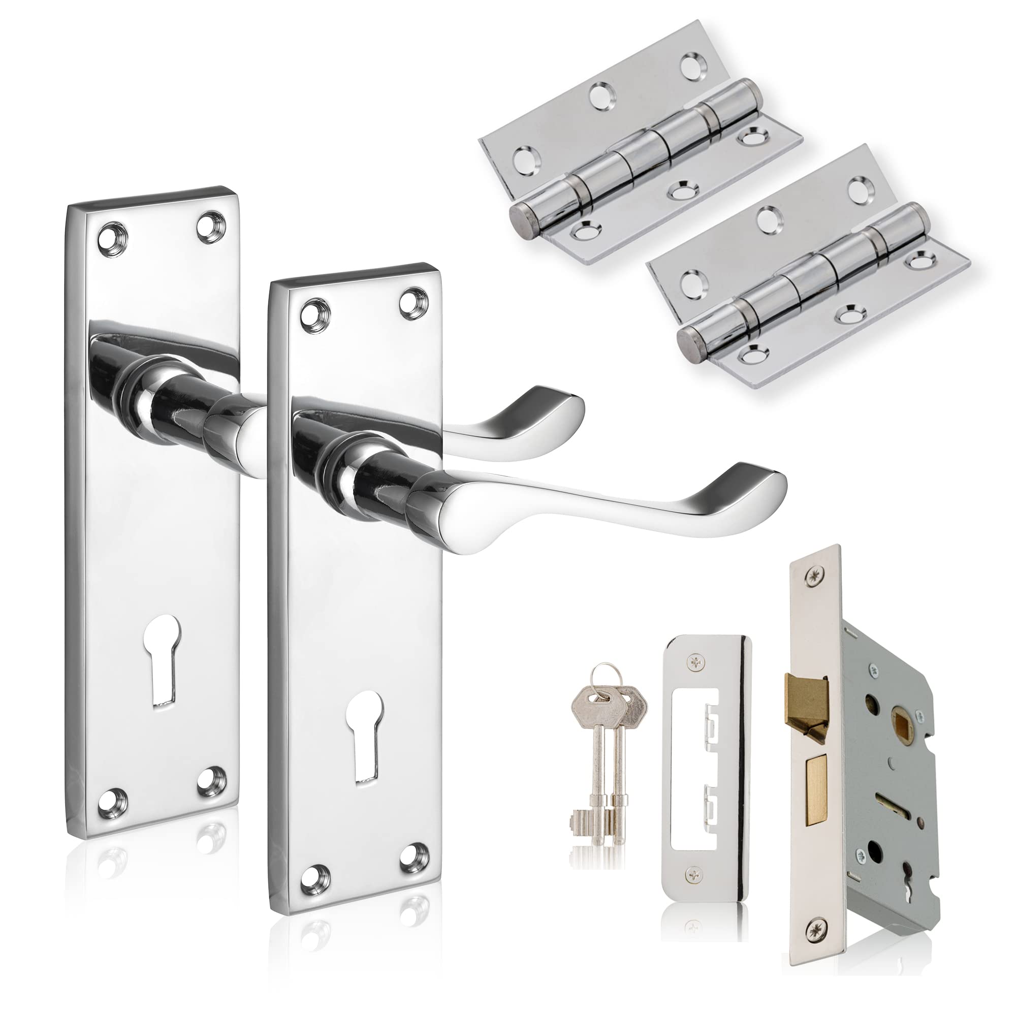 XFORT Chrome Elegance Range Polished Chrome Victorian Lever Lock Pack, Complete Set with Lock Door Handles, 65mm Sashlock and 75mm Ball Bearing Hinges, for Internal Wooden Doors
