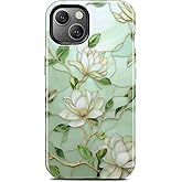 Magnolia Stained Glass Flower Phone Case for iPhone 15, Compatible with Magsafe, Trendy Elegant Green Floral Stained Glass Magnetic Slim Silicone Shockproof Protective Women Girl Cover Case