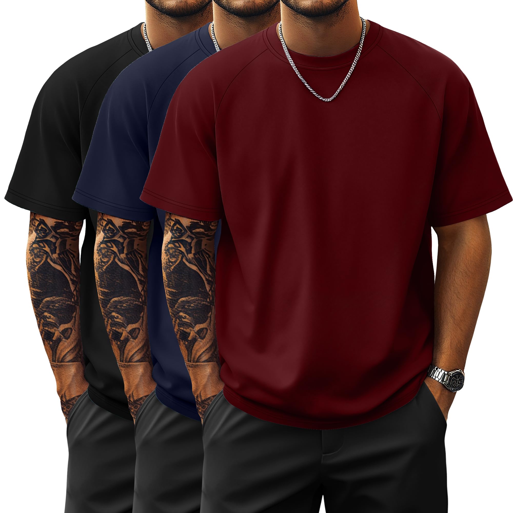 Photo 1 of Ficerd 3 Pack Men's Big and Tall Raglan Short Sleeve T-Shirts, Side Split Summer 30% Cotton Crewneck Soft Basic Shirts(Black, Wine Red, Dark Blue,3X-Large)