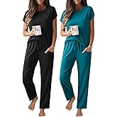 Ekouaer 2 Packs Pajamas for Women Set Cap Sleeve Top and Pants Soft Sleepwear Comfy Pjs Set with Pockets Lounge Set
