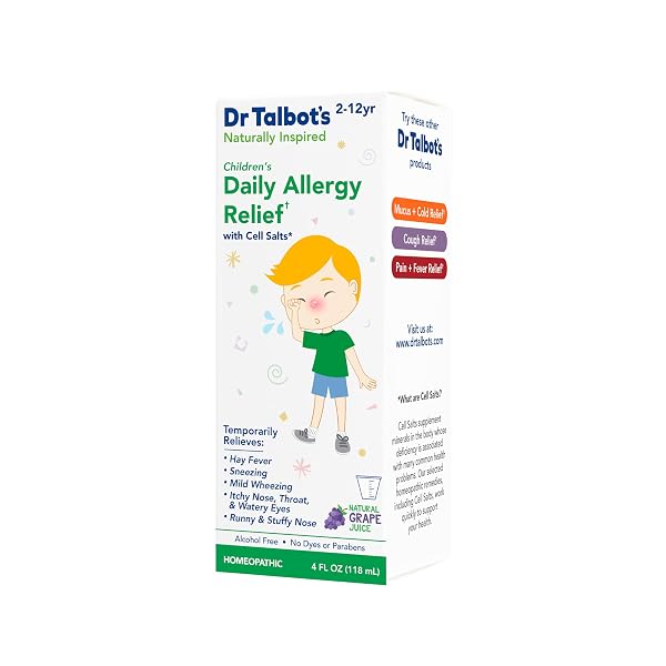 DR. TALBOT’S CHILDREN’S ALLERGY RELIEF MEDICINE – 4 OZ – INCLUDES DOSAGE CUP – FOR 2-12 YEARS OLD – NATURAL GRAPE FLAVOR (PACKAGING VARIES)