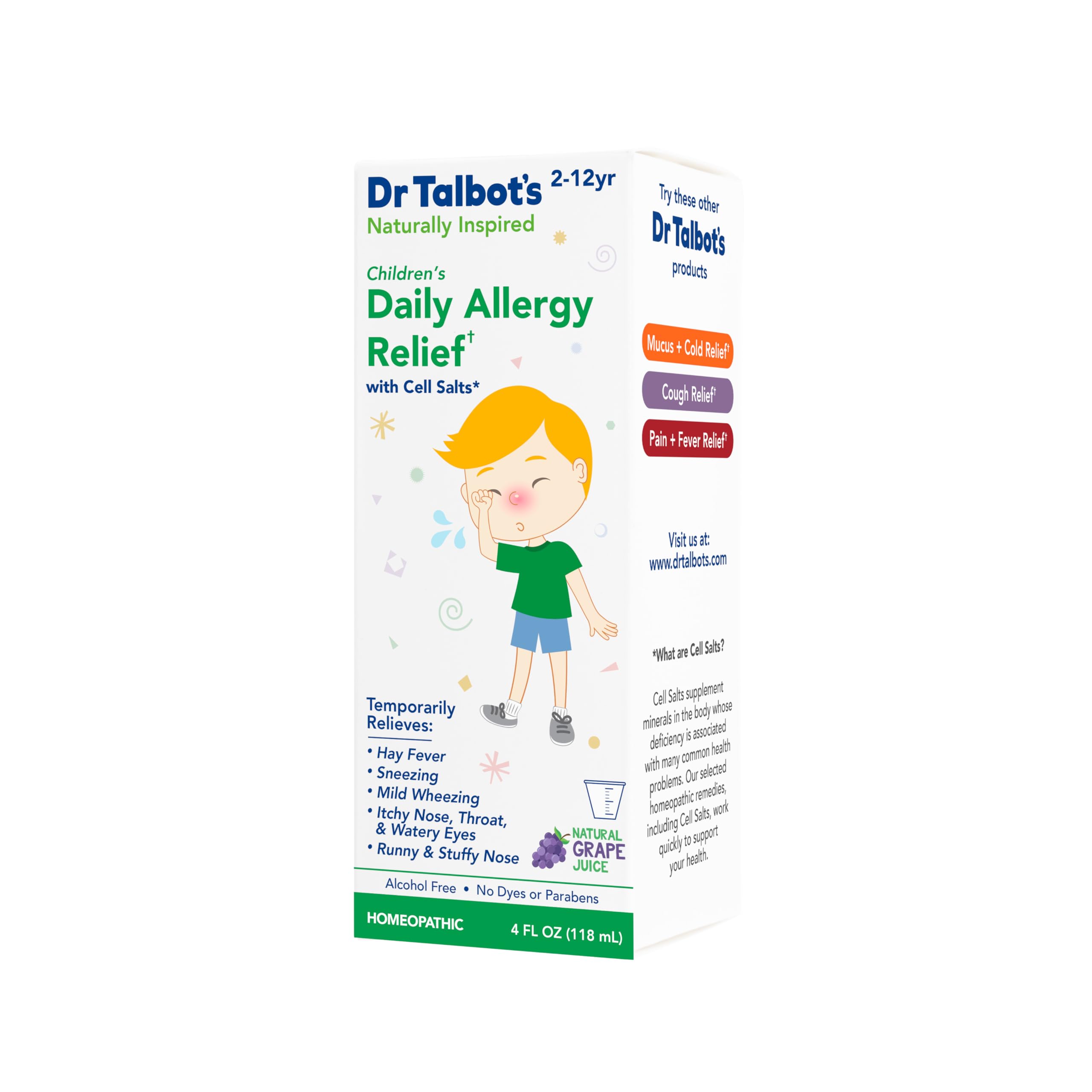 Dr. Talbot's Children's Allergy Relief Medicine - 4 oz - Includes Dosage Cup - for 2-12 Years Old - Natural Grape Flavor (Packaging Varies)