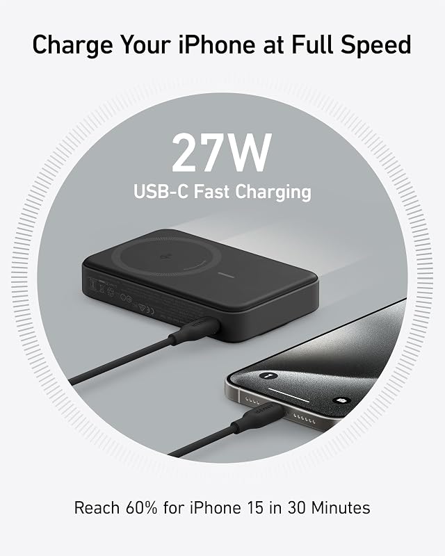 Anker maggo power bank, laptop ultra-grape de 15w compatível com magsafe, qi2 com bateria de 10000mah com tela inteligente, para iphone 16 (com cabo usb-c)