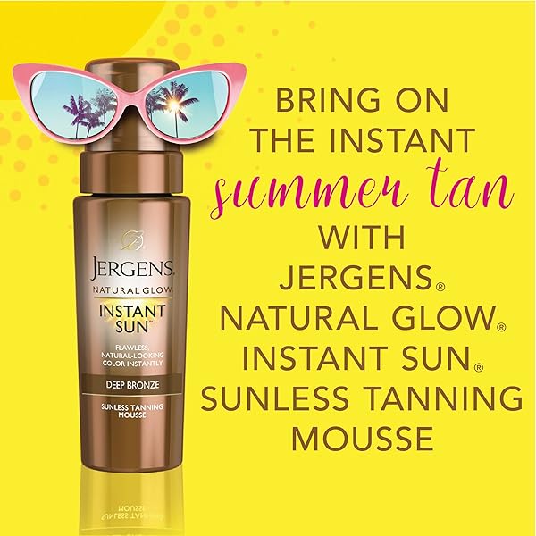 JERGENS NATURAL GLOW INSTANT SUN BODY MOUSSE, SELF TANNER FOR DEEP BRONZE TAN, SUNLESS TANNING BODY BRONZER FOR NATURAL LOOKING COLOR INSTANTLY, 6 OZ