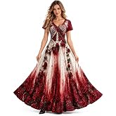 JOYO Skeleton Maxi Dress Womens Halloween Dresses Costume Plus Size | Short Sleeve V Neck Gothic Style Dress with 3D Spooky Season Print, Women's Skeleton Halloween Dress for Halloween Parties