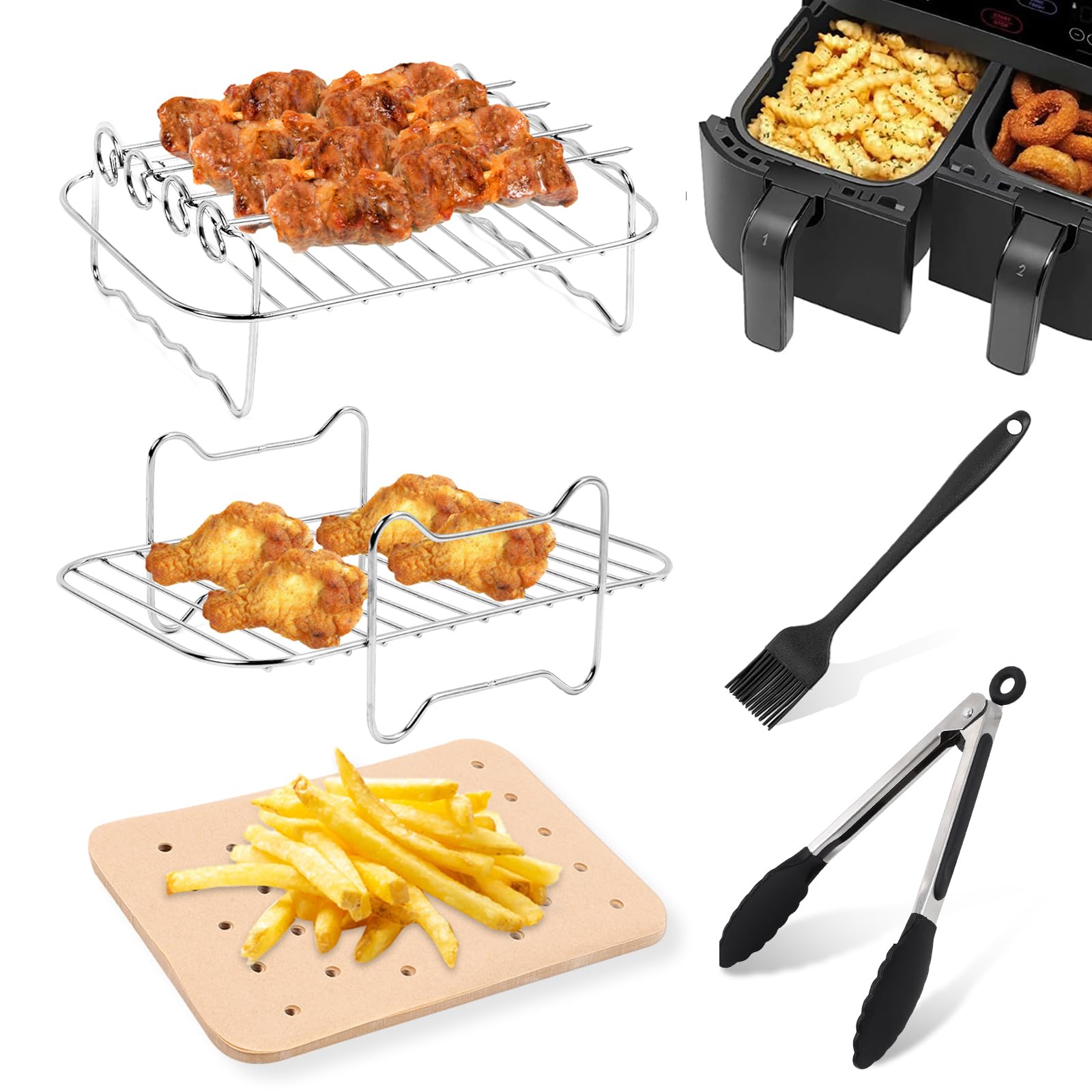 Dual Basket Air Fryer Accessories for Ninja Foodi DZ201 DZ100 SL201 & Other 8QT-10QT 2-Basket DualZone Air Fryers, Come with Air Fryer Rack Set, 100Pcs Paper Liners, Silicone Brush & Tongs
