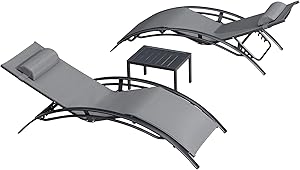 PURPLE LEAF Patio Chaise Lounge Sets 3 Pieces Outdoor Lounge Chair Sunbathing Chair with Headrest and Table for All Weather, Grey