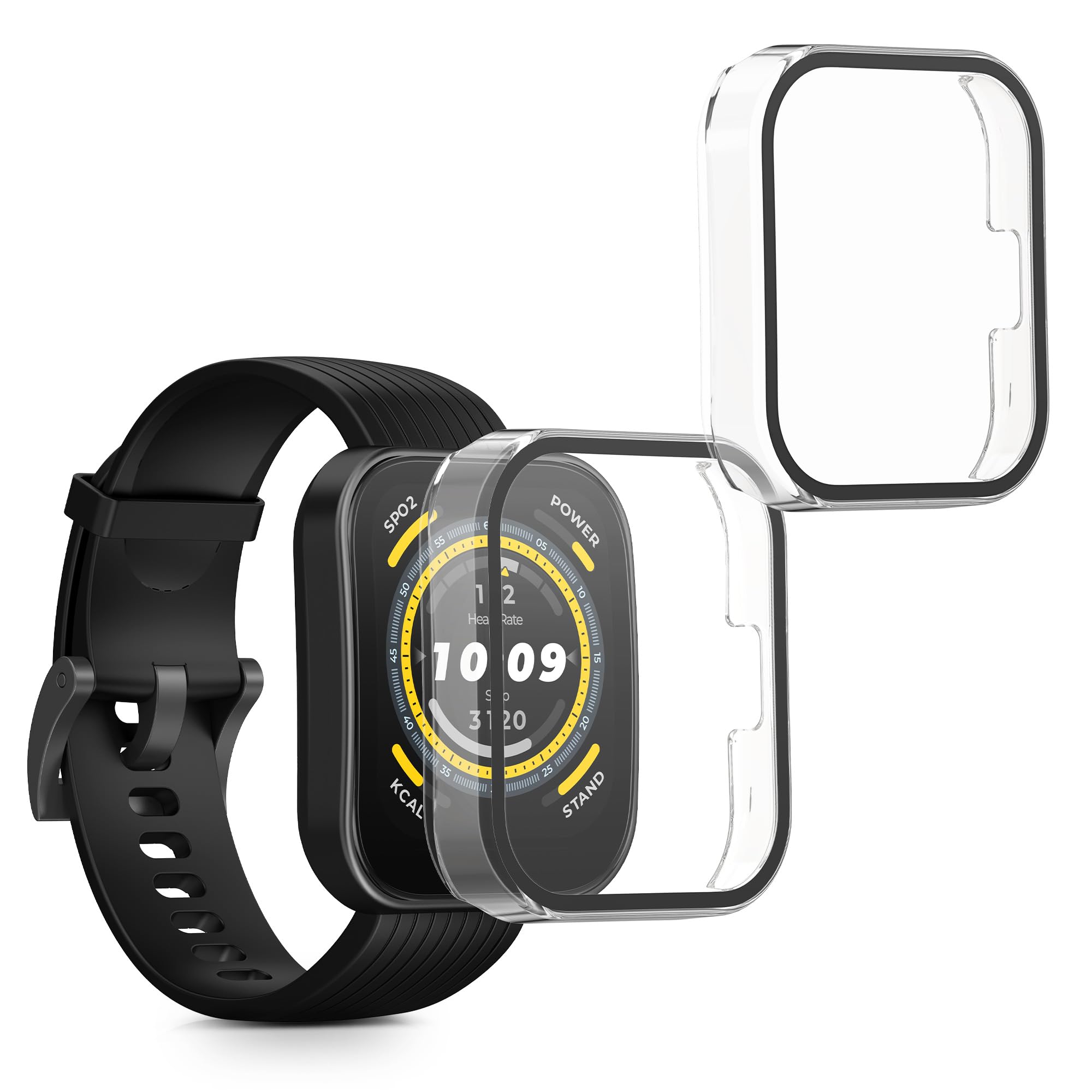 kwmobile Cover Compatible with 22mm Amazfit Bip 6 / Bip 5 Unity/Bip 5 / GTS 3 / Balance 2 / Helio Strap Covers - 2x Tempered Glass with Plastic Frame - Transparent