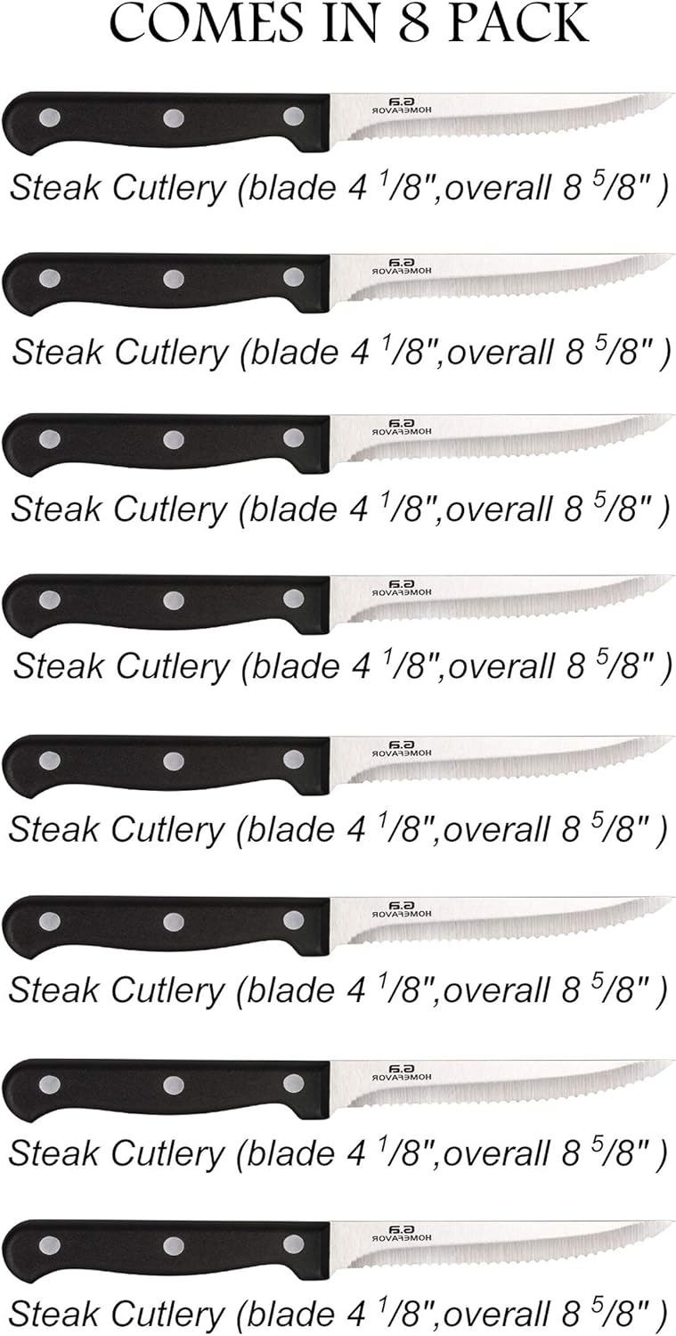 G.a HOMEFAVOR Steak Knife Set Stainless Steel, 8 Pieces Full Tang Sharp Serrated Knives Cutlery Set, Black: Kitchen & Dining