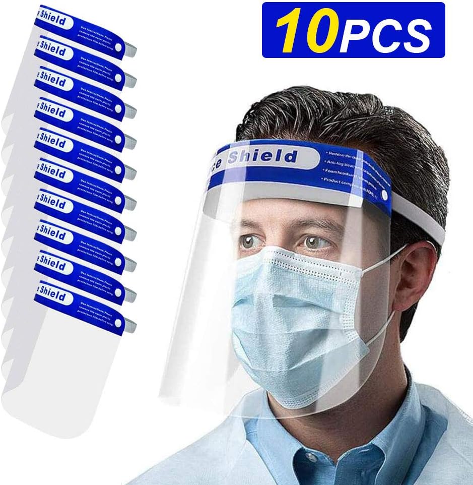 10 Pcs/Pack Full Face Shield Visor Transparent Reusable Anti-Spitting Protective Face Shield Hat Safety Face and Eyes Protection with Adjustable Band and Comfort Sponge Facial Cover