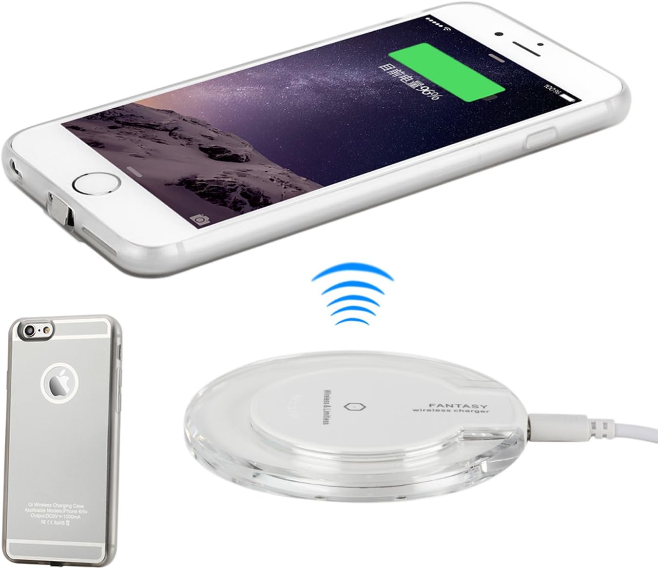 Antye Qi Wireless Charger Kit for iPhone 6 Plus /6S Plus (5.5 Version), Includes Slip-proof Wireless Charging Pad and Wireless Charging Receiver Case Flexible TPU Back Cover, Silver/White