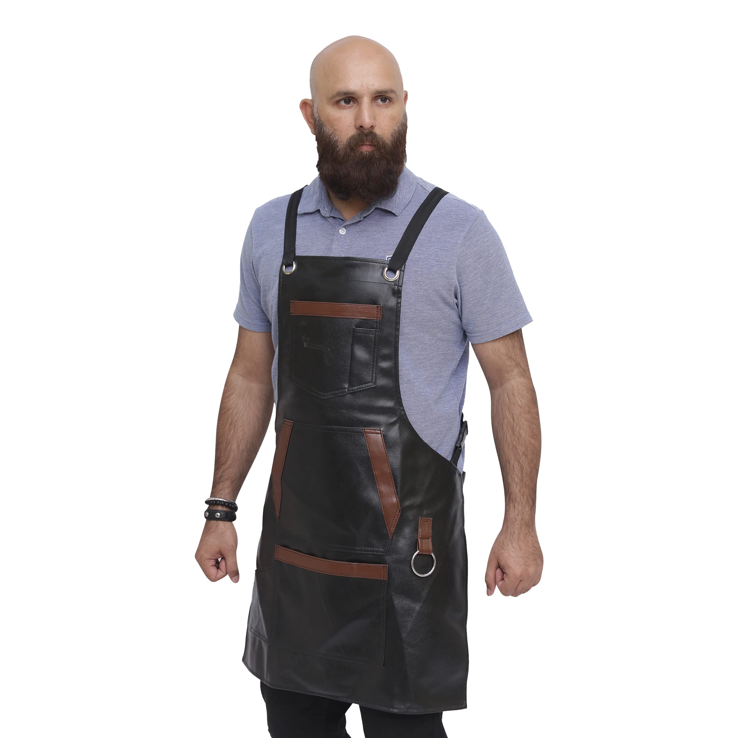 ZAMAHA UK® Professional Synthetic Leather Barber Apron with 7 Pockets, Apron for Hairdressing Bbq Kitchen Carpenter, adjustable straps with rings (Black)