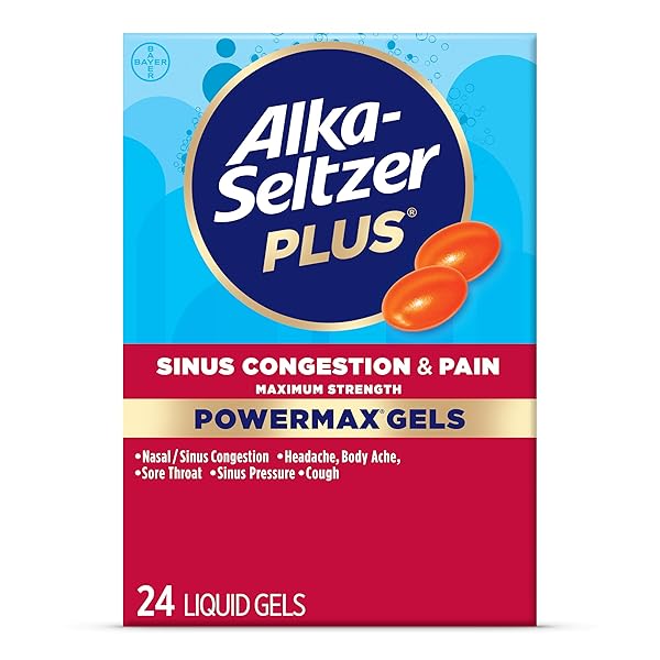 ALKA-SELTZER PLUS MAXIMUM STRENGTH POWERMAX SINUS CONGESTION AND PAIN LIQUID GELS – NASAL DECONGESTANT, COUGH SUPPRESSANT, AND PAIN RELIEF FOR ADULTS AND CHILDREN 12 YEARS AND OLDER, 24 COUNT