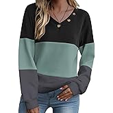 Zeagoo Women Waffle Knit Tops V Neck Long Sleeve Tunics Color Block Casual Blouse Fall Fashion 2026 Button Decor T Shirt