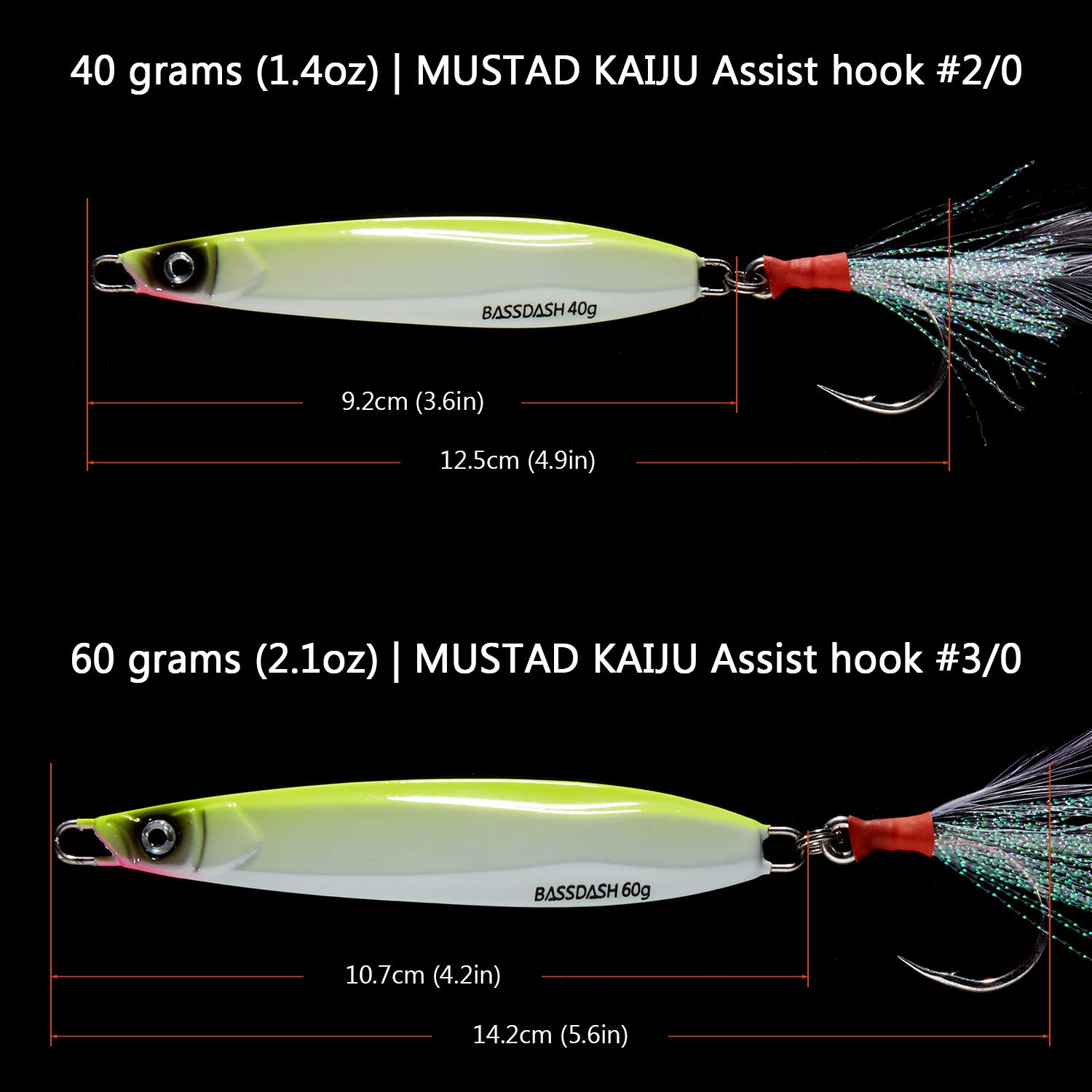 BASSDASH STIX Casting Jig Lure Vertical Slow Jigging Lures 1.4oz 2.1oz with Mustad Hooks 2/0 3/0 for Saltwater Freshwater Kayak Boat Shore Fishing, 3-Pack (3-Pack (CFR), 40 Grams (1.4 oz)) - view 6