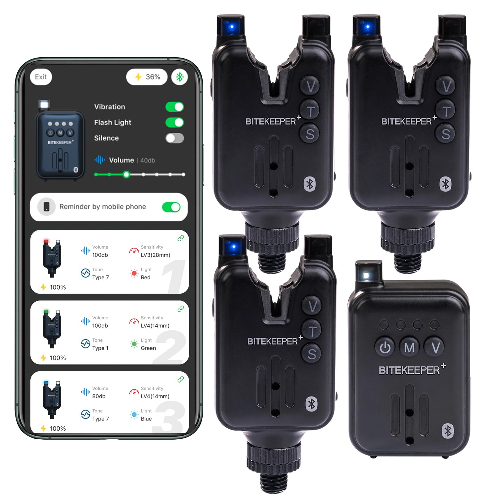 RIPPTON BITEKEEPER PRO Rechargeable Smart Bite Alarm with Receiver 3+1 Set, Bluetooth APP Connect Wireless Fishing LED Sensitive Alarm, Fishing Bite Indicators for Daytime/Night Carp Fishing