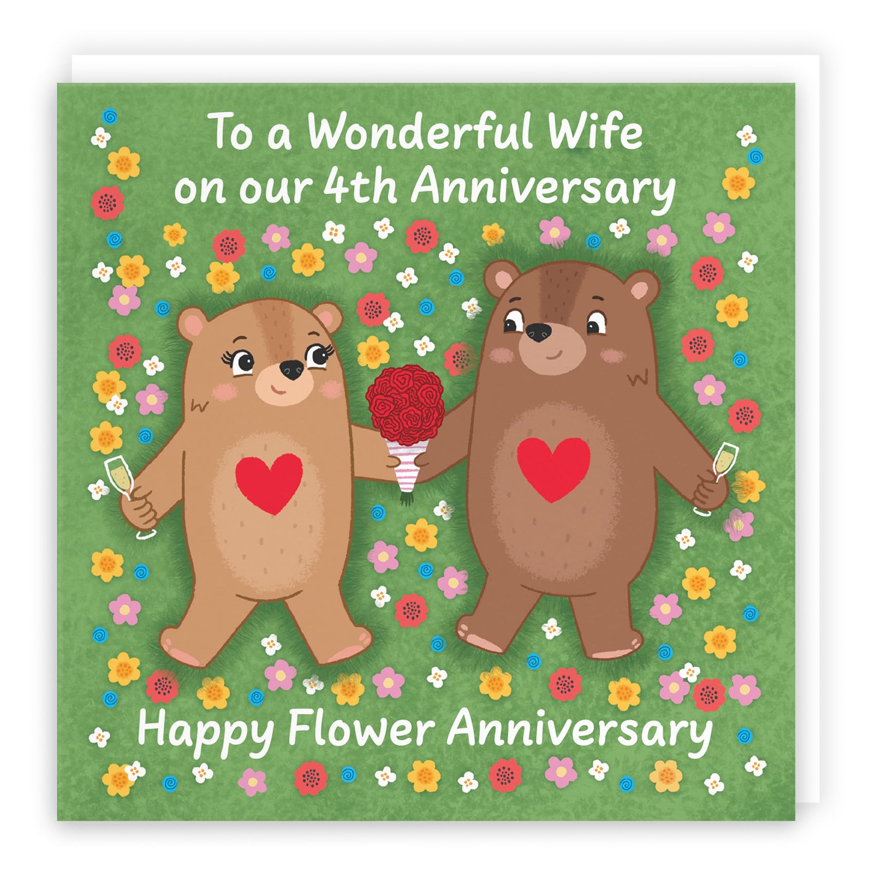 Hunts England - Wife 4th Anniversary Card - Flower Anniversary - Fourth Anniversary - 4 Years - Cute Fun Bears Card - Love Story Collection