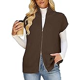 Koscacy Sweater Vest for Women Zipper UP Cap Sleeve Knit Cardigan Outerwear Vest with Pockets