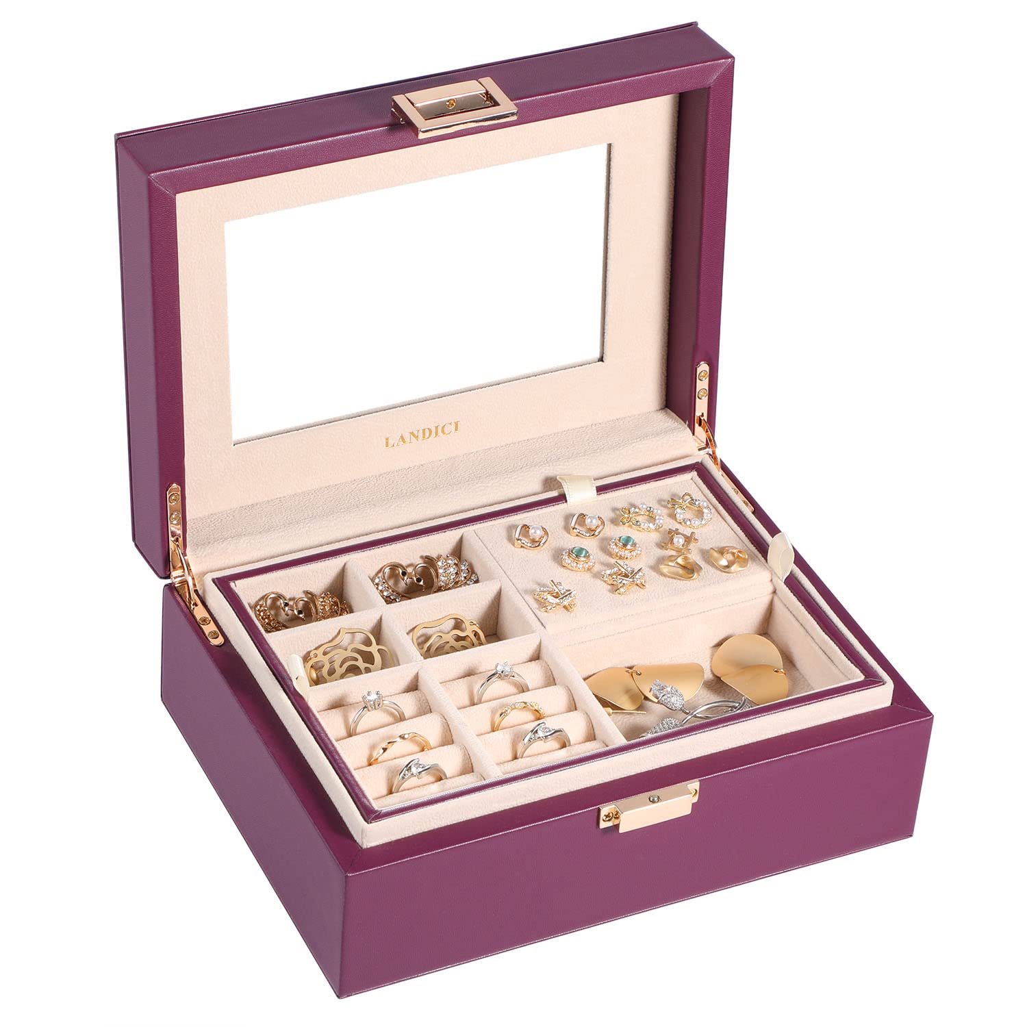 LANDICI Jewellery Box Organiser for Women Girls, Jewellery Storage Case with Mirror and 2 Layers Removable Tray, PU Leather Jewelry Display Holder for Necklace Earrings Rings Bracelets (Purple)