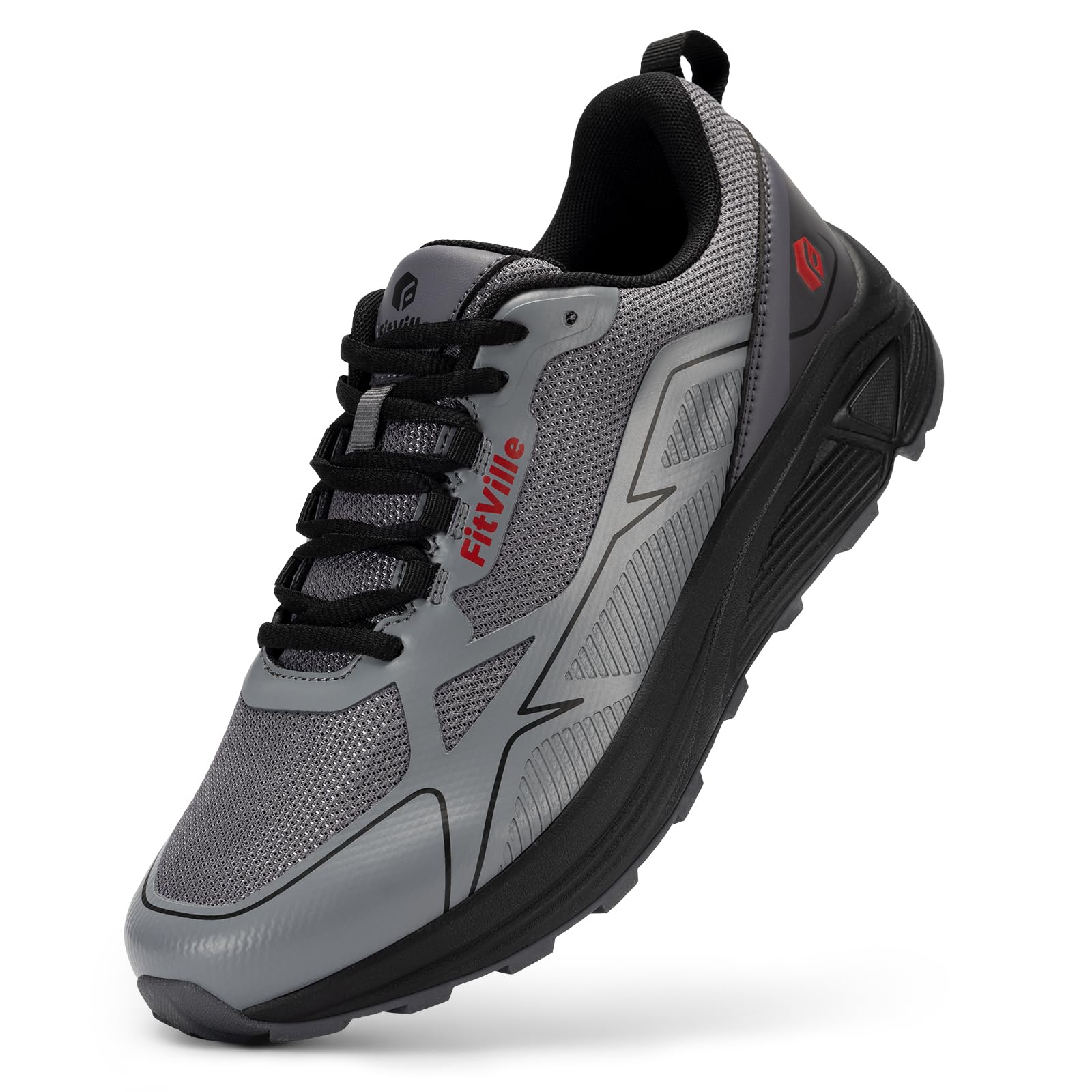 Photo 1 of FitVille Wide Shoes for Men Non-Slip Trail Running Shoes Mens Extra Wide Walking Shoes Comfortable Wide Toe Box Sneakers for Flat Feet, Heel Pain, Plantar Fasciitis Relief (Black Gray, 9.5 X-Wide)