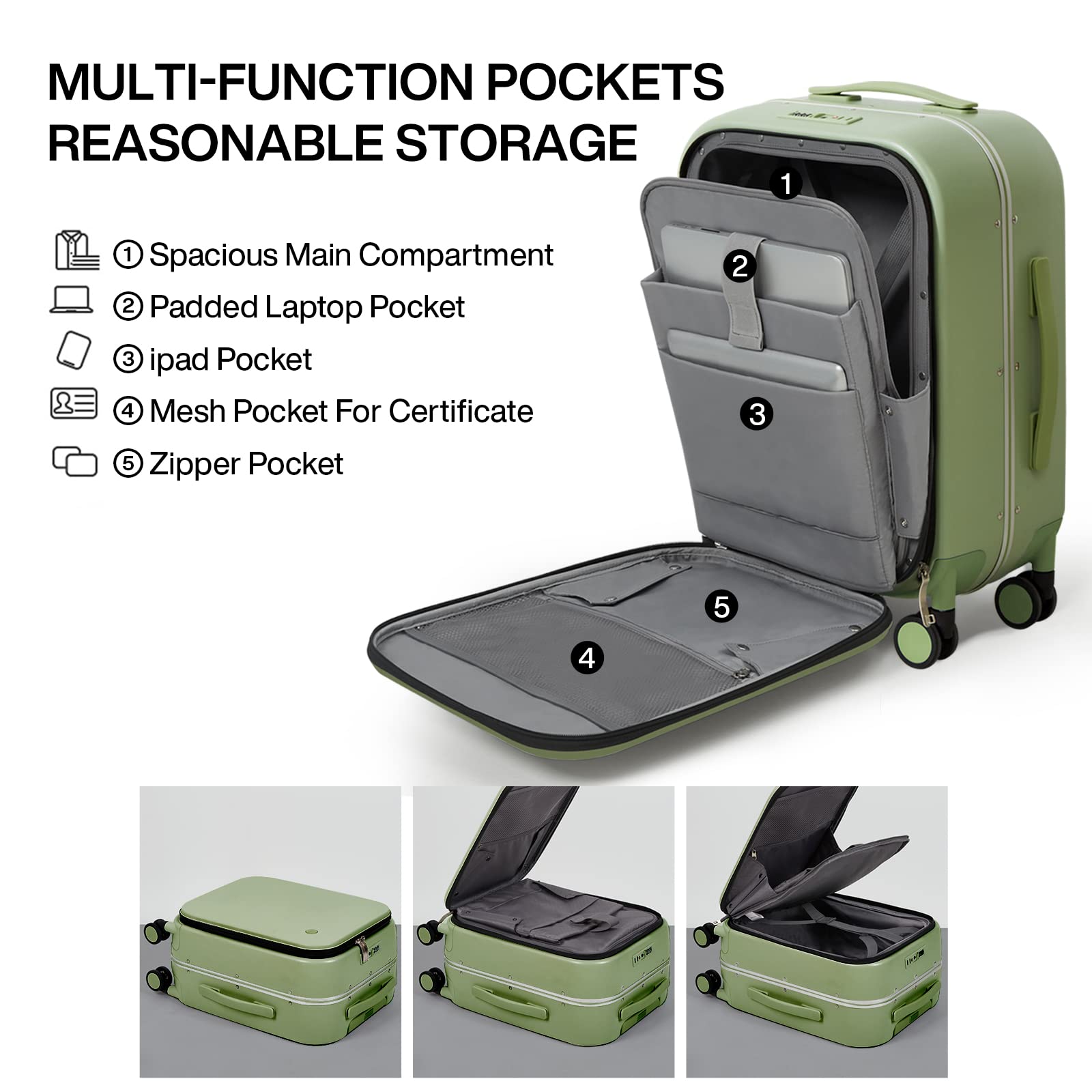 mixi Carry On Luggage, 20'' Suitcases with Spinner Wheels, Rolling Travel Suitcase with Front Laptop Pocket Luggage Aluminum Frame PC Hardside with TSA Lock and Cover, Avocado Green