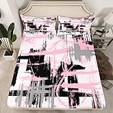 Pink Grey Black Fitted Sheet Queen Size Kids Abstract Art Bedding Set for Boys Teens Modern Striped Art Bed Sheet Set Breathable Geometric Bed Cover Room Decor