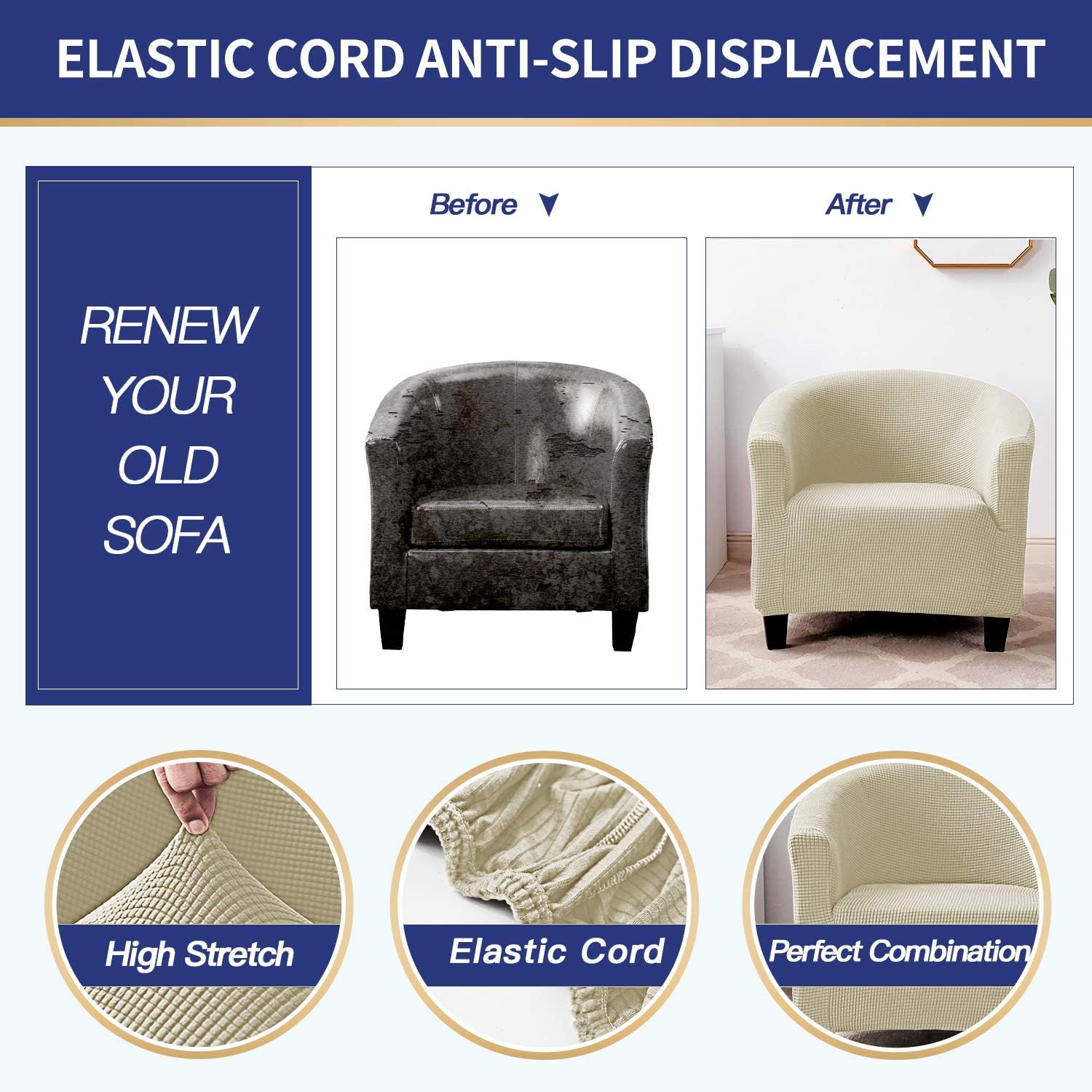 ZC MALL Club Chair Slipcovers,Stretch Armchair Covers,Sofa Cover Furniture Protector for Living Room Arm Chair Cover Jacquard Spandex Couch Covers(Club Chair,Ivory): Furniture & Decor