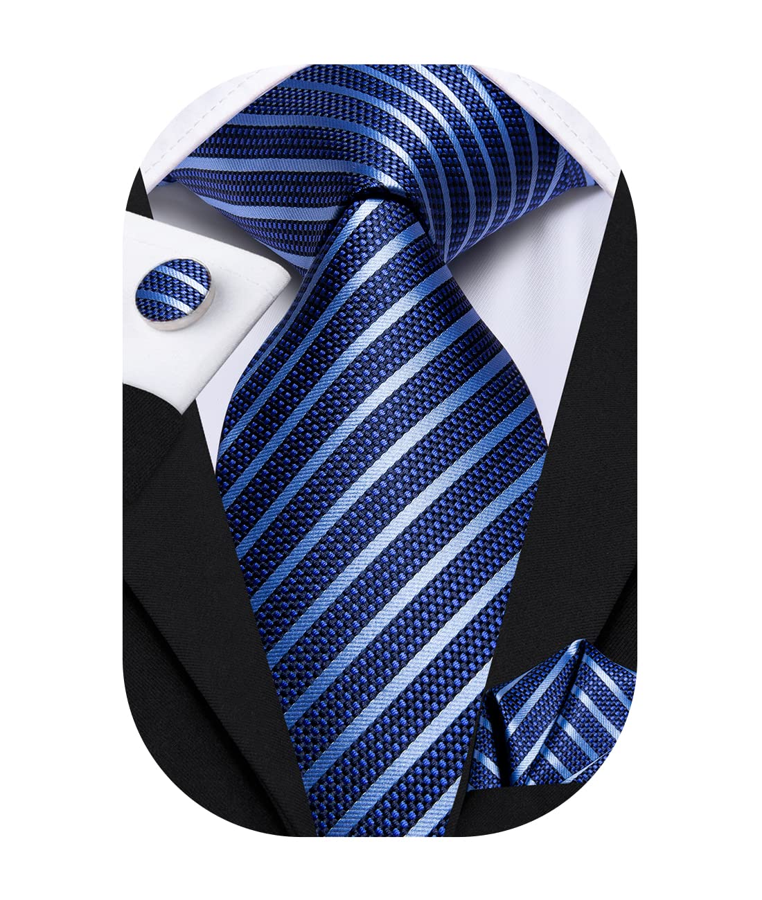 Hi-Tie Mens Blue Striped Tie Set Silk Necktie with Pocket Square Cufflinks Set Striped Necktie for Wedding Business