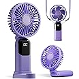 GOCKERA Portable Fan, 4200mAh Battery Operated Fan, 5 Speeds&Digital Display, Makeup Fans for Women with Base, 180°Foldable 3in1 Handheld/Neck/Desk Fan for Outdoor Indoor,Ultra Quiet (Purple)